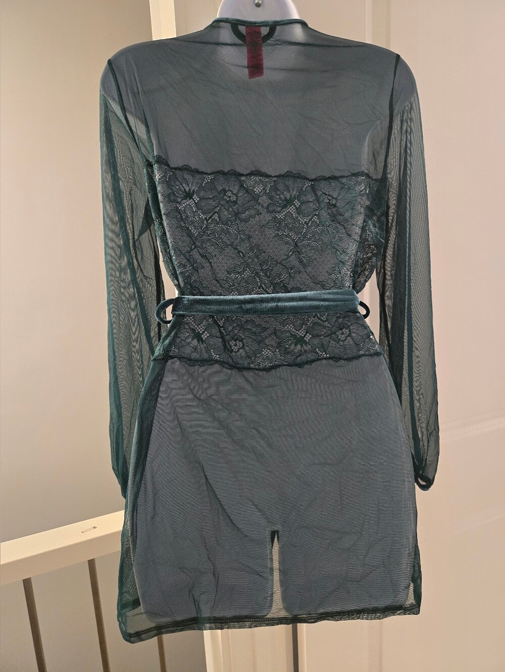 La Senza Sheer Lace Velvet Robe In Dark Emerald Green - Picture 4 of 14